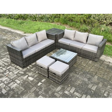 Fimous 8 Seater Rattan Garden Furniture Sofa Set with Side Table Square Coffee Table 2 Small Footstool Indoor Outdoor Rattan Set Dark Grey Mixed (1/5)
