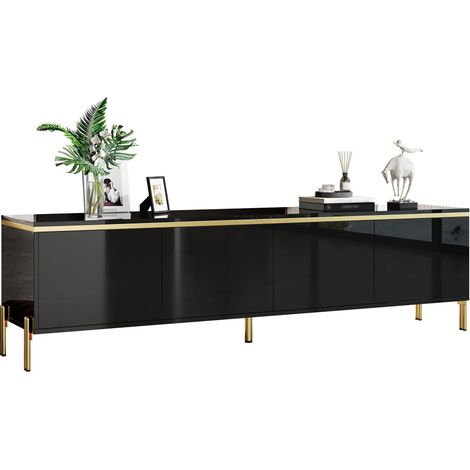 Meuble TV moderne haute brillance, quatre portes d’armoire, interface câble, bande dorée sur bord, meuble TV avec rangement pour le salon. (1/5)
