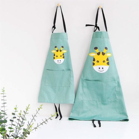 Tablier mignon avec poche pour adulte et enfant, imperméable, coton et lin, tablier de cuisine, bavoir, vert girafe, taille S (1/5)