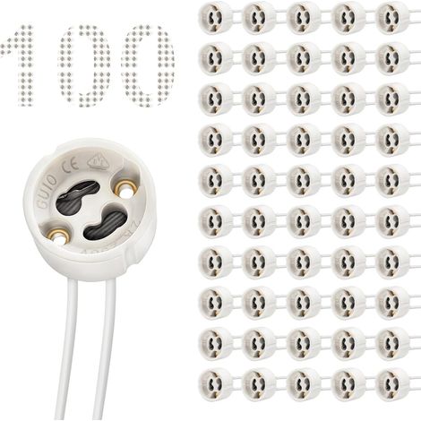 Douille GU10 Céramique - Lot de 100 - Résistante 600°C - Pour Ampoules LED 300W - Intérieur et Extérieur - Fil Silicone 15cm