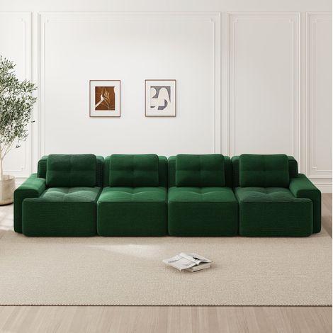 Sofá modular verde en pana con asiento profundo, base antideslizante y sin montaje (1/5)