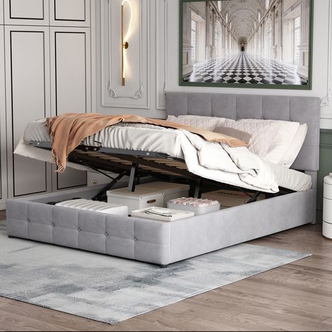 Lit double rembourré 140 × 200 cm, avec mécanisme de levage hydraulique et compartiment de rangement, velours, gris (1/5)
