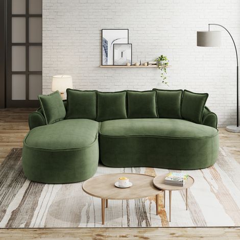 Sofá esquinero convertible 252 x 164 x 67 cm de chenilla verde, sin montaje HAVRYA (1/5)