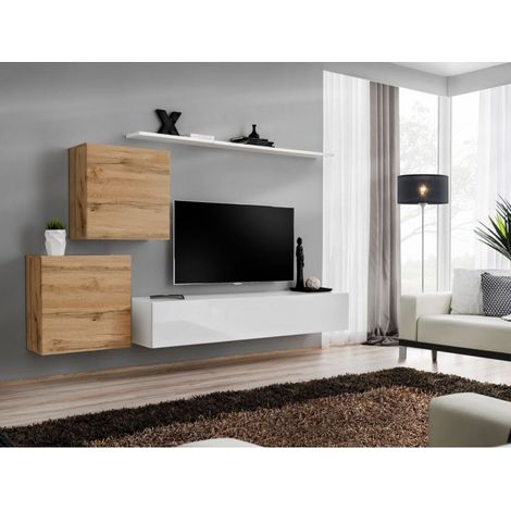 Ensemble mural - Switch V - 1 vitrine carrée - 1 banc TV - 1 étagère - Bois et blanc - Modèle 1 - Livraison gratuite