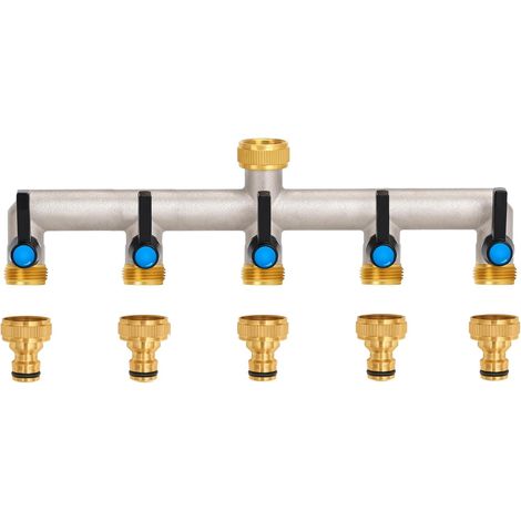 Distributeur d'eau 5 voies - Poignée allongée - 3/4" - En laiton - Arrêt individuel - 5 adaptateurs 3/4" - 1/2" - Appareils/arrosage (1/5)