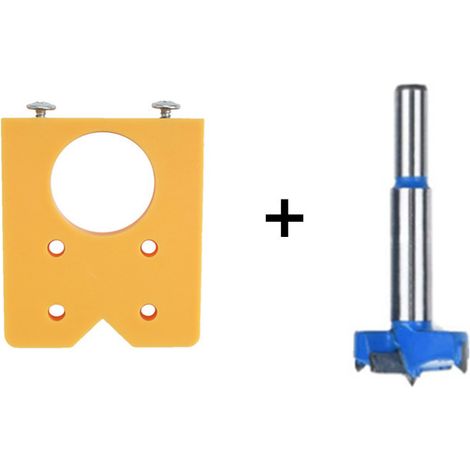 Outil de positionnement des trous de charnière (jaune) + foret bleu de 35 mm Gabarit de perçage pour charnières de 35 mm, outil auxiliaire de perçage pour le travail du bois, gabarit de perçage pour c (1/5)