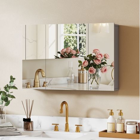Armadio a specchio da bagno sospeso 90x15x60 cm in MDF grigio, 3 ante – MEUBLIV (1/5)