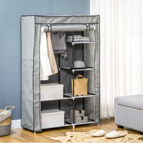 Armoire penderie 103x43x162.5 cm grise en tissu avec 6 étagères et housse zippée (1/5)
