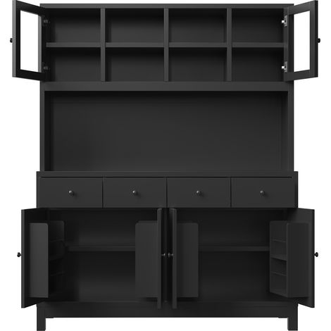 Credenza alta da cucina nera 140x38,5x180 cm con LED RGB app, ante in vetro e 4 cassetti (1/5)