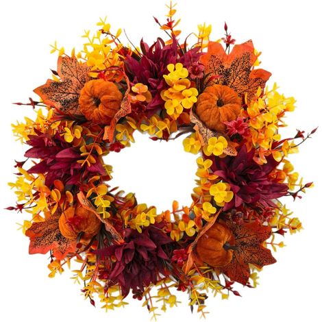 Couronne d'automne 40 cm pour porte d'entrée extérieure, décoration orange avec citrouilles et feuilles d'érable, pour maison, porche, Thanksgiving et Halloween (1/5)