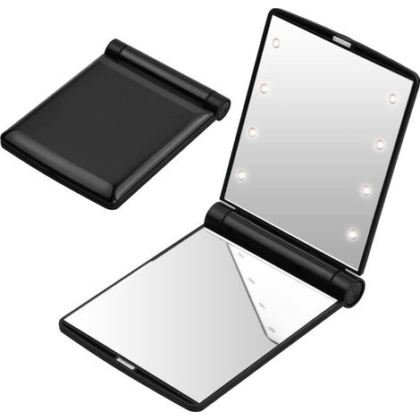 Faltbarer LED-Taschenspiegel – Schwarz, Reise-Taschenspiegel, kleiner Faltspiegel, tragbarer Schminkspiegel, Handtaschenspiegel, Taschenspiegel mit 8 LEDs, Geschenk für Frauen (1/5)