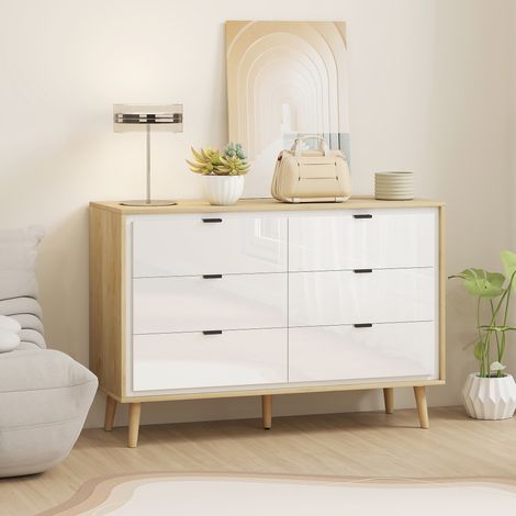 Cómoda 6 Cajones Cómoda Dormitorio con Patas de Madera Estilo Moderno 110x40x75 cm Blanco Brillo y Roble (1/5)