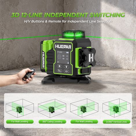 Huepar W03CG 3x360° Green Laser Level, Self-Levelling 3D 12-Line Laser with Bluetooth App, Remote Control, Electric Rotating Base, LCD Screen & Carry Case