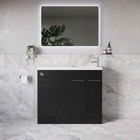 Napoli 250 Nero Oak 1000mm 2 Door Vanity Unit Toilet Suite with Round Silvo Basin - 1000mm - Chrome 160mm HandleWithout Jubilee Toilet Pan