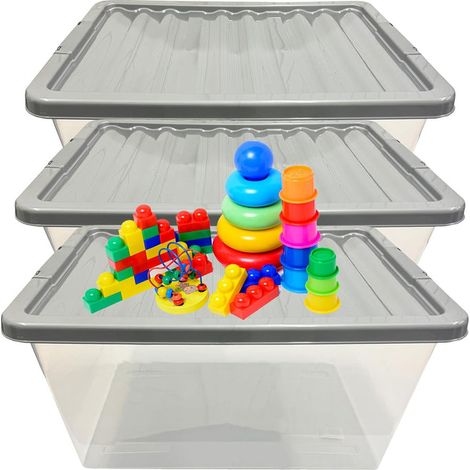 3 x 62L Stackable Clear Plastic Storage Boxes With Silver Lids