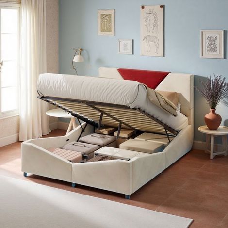 Cama con arcón - Cama con arcón 160x200cm - Tapizado de terciopelo blanco roto - Almacenamiento neumático XXL - LED RGB