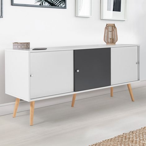 EFFIE Aparador bajo escandinavo de 3 puertas en madera blanca y gris 135 cm