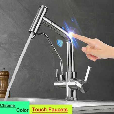 (9144-touch-chrome-G1/2) Nouveau robinet de cuisine tactile avec filtre, mitigeur thermostatique eau chaude/froide à douchette extractible et capteur d'eau pure. (1/5)