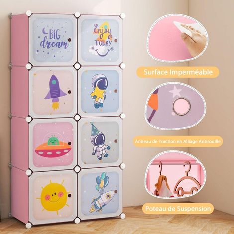 8 Cube Portable Kids Wardrobe with Doors & Hanging Section Cartoon Cube Modular Shelving Unit with Drawers Pink (1/5)