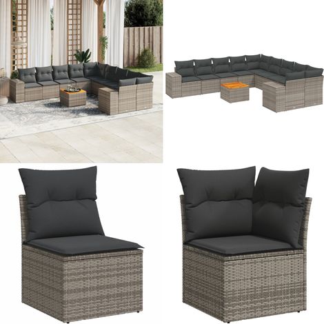 11-tlg. Garten-Sofagarnitur mit Kissen Grau Poly Rattan - Gartensorte - Outdoor Möbel - Gartenlounge - Lounge Set - Esstischset - Home & Living (1/5)