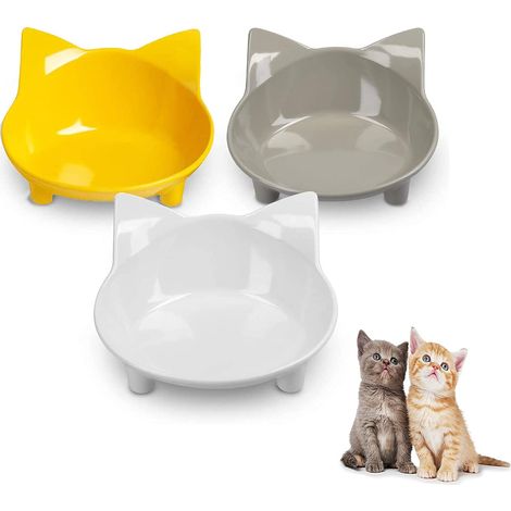 Ciotole per gatti, ciotola multiuso antiscivolo con gomma, per alleviare l'affaticamento dei baffi, confezione da 3 - grigio, bianco e giallo (1/5)