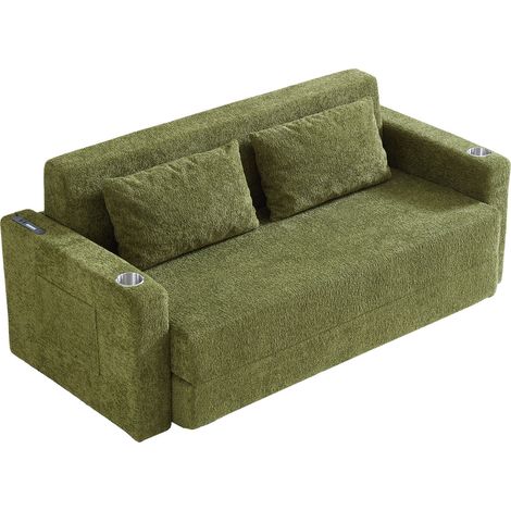 Sofá cama de 2 plazas plegable verde con USB, portavasos y bolsillos laterales (1/5)