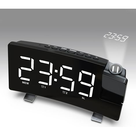 Radio Réveil à Projection, Réveil Projection Plafond 180°, Horloge Numérique FM USB avec Double Alarmes, Snooze, Minuteur de Mise en Veille, 12/24h, Grand écran LED avec Gradateur (Blanc)