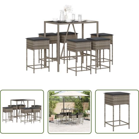 The Living Store 7-tlg. Gartenbar-Set mit Kissen Grau Poly Rattan - Gartenmöbel - Outdoor Möbel - Esstisch - Barhocker - Lounge Set (1/5)