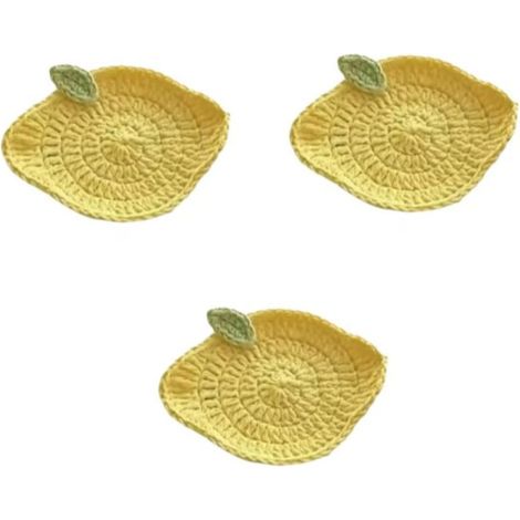 Lot de 3 dessous de verre réalistes antidérapants en forme de citron crochetés à la main sur le thème des fruits, dessous de verre décoratifs doux pour la protection de table basse, tapis de tasse en (1/5)