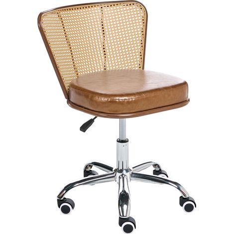 Silla de oficina retro de piel sintética respaldo de ratán sintético trenza vienesa giratoria ajustable marrón Roswell (1/5)