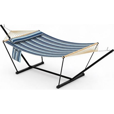 Hamac double avec support – support acier, montage rapide, acier réglable, 2 personnes – jardin, plage, camping, terrasse – Bleu