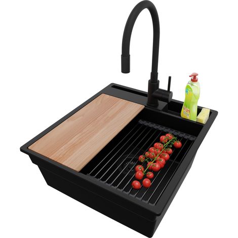 PRIMAGRAN Evier Cuisine en Granit 48x53cm, Lavabo 1 bac + Kit de Vidage + Accessoire, Évier à Encastrer au meuble 50cm - Oslo Pocket, Tout Noir (1/5)