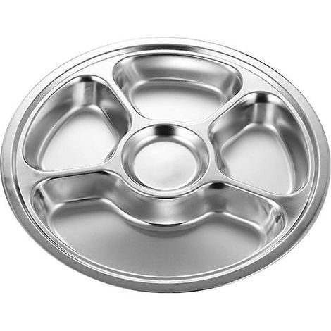 assiette compartimentée en acier inoxydable pour la maison, assiette à fruits, assiette à petit-déjeuner (argentée)-28.00X28.00X3.20CM-Silver (1/3)