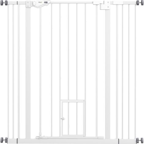 Cancello sicurezza cane extra alto, con gattaiola, chiusura automatica, larghezza 74-101 cm, bianco