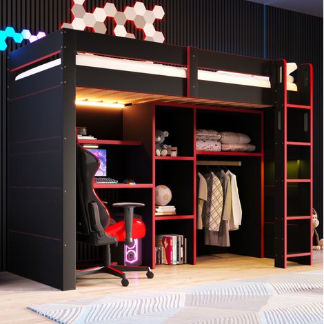 Lit mezzanine gaming 90x200 cm avec bureau, armoire, LED et USB, noir et rouge (1/5)