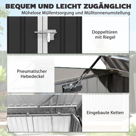Coffre à poubelles pour 2 bacs en acier galvanisé, boîte à déchets avec couvercle rabattable, vérins à gaz, double porte, ouvertures de ventilation (1/4)