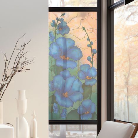Stickers décoratifs électrostatique, hibiscus bleu, fleur, effet vitrail, 150 cm X 67,5 cm (1/2)