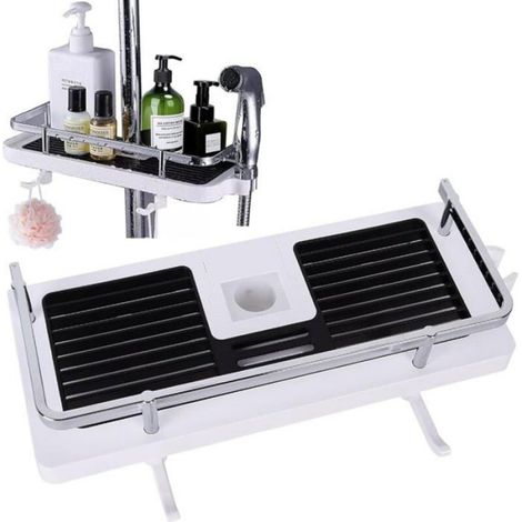 Crochet Stockage Organisateur Suspendu (Blanc), Plateau + Étagère Douche Sans Percage, Compatible Rails 24-25mm, Pour Salle de (1/4)