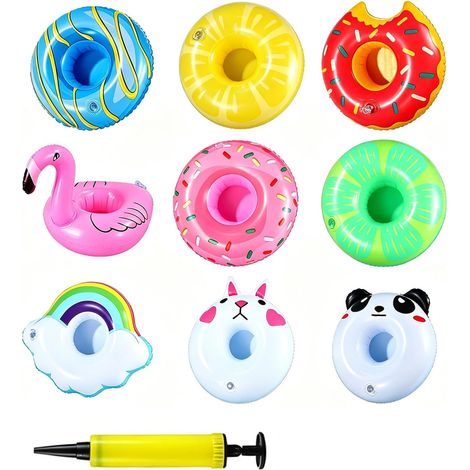 9 Porte Boissons Flottants Gonflables Piscine Pompe à Air, Designs Mignons en PVC Réutilisable, Porte-Bières Flottant pour Fête de Piscine d’Été, Fête Tropicale, Anniversaire, Bain Enfant (1/5)