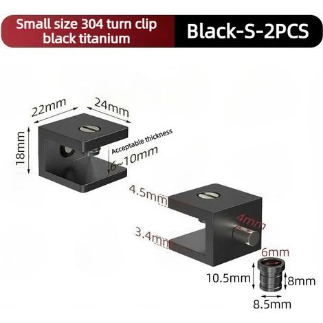(Noir - S - 2 pièces) 2 charnières actives pour porte vitrée, pivotement à 90°, acier inoxydable 304, accessoires pour verre, pinces de fixation pour moustiquaire, axe supérieur et inférieur (1/5)