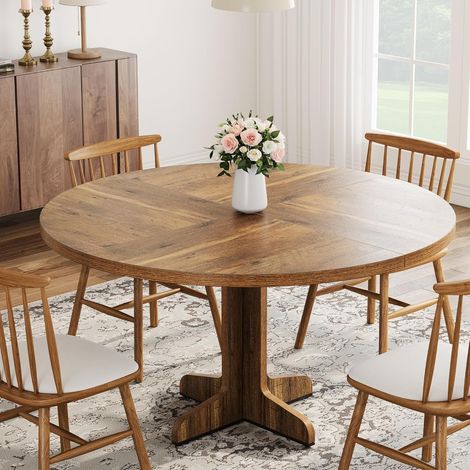 Table à manger ronde 120 cm - 4 personnes - Style rustique avec pieds croisés en bois - Marron (1/5)