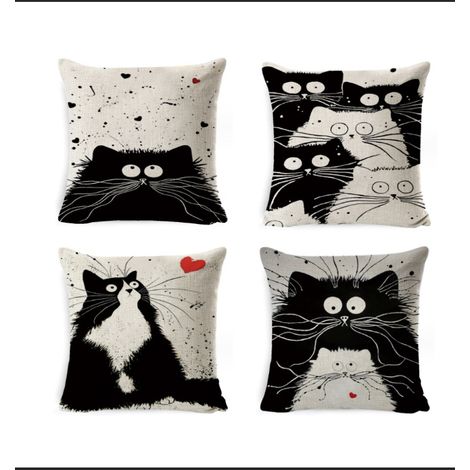 Ensemble de taies d'oreiller carrées à poils courts et doux, ornées de cœurs de chat noir et blanc, adaptées aux canapés, chambres à coucher, sièges de voiture et autres éléments de décoration intérie