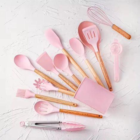 Ensemble de couverts en silicone rose (14 pièces) avec boîte de rangement en plastique (1/2)