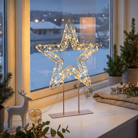 ECD Germany Estrella de luces de navidad LED guirnalda decorativa 37 cm lámpara con soporte para interior y exterior, adorno luminoso de metal 200 LEDs blanco cálido parpadeantes y temporizador (1/5)