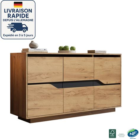 MODFU - Credenza con contenitore, 3 ante, con ripiani regolabili, mobile contenitore adatto per soggiorno/cucina, 140×40×76cm, naturale (1/5)