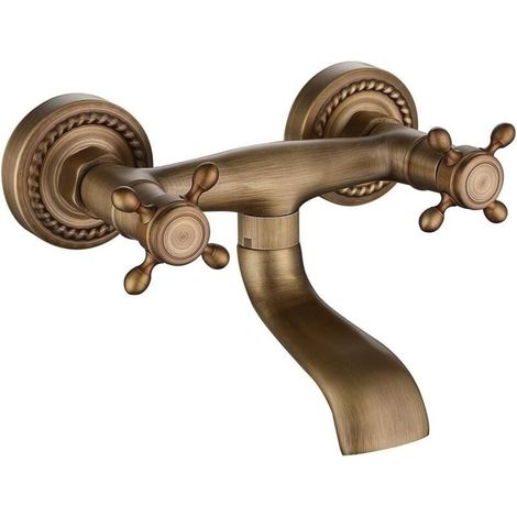 Robinet mural vintage en cuivre , pivotant à 180°, robinet de cuisine mural de style antique avec eau chaude et froide (1/4)