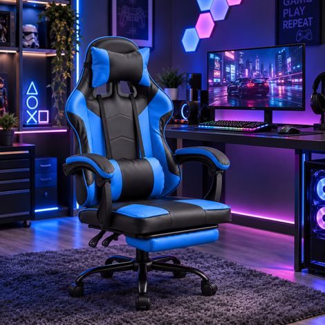 Ergonomic Gaming Chair with Footrest and Removable Pillows in Blue (1/5)
