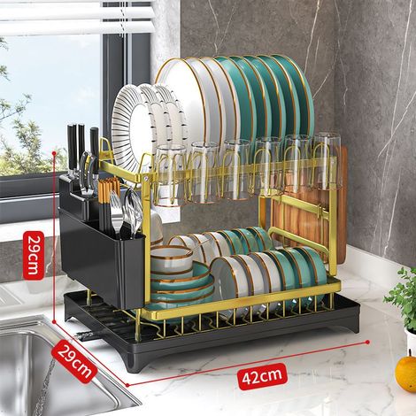 Porte-Vaisselle, Acier Inoxydable à 2 Niveaux avec Support pour Tasses et Ustensiles/Planche à Découper / Support pour Couteaux/Egouttoir avec Bec Verseur (Or)