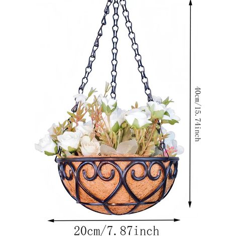 (40-20) Pot de fleurs suspendu rond en fer brun noix de coco avec chaîne, style européen créatif, pour plantes vertes charnues (Chlorophytum Comosum). (1/4)