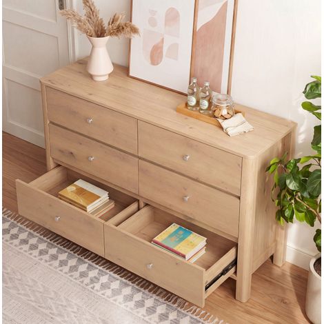 Commode 120/40/80 cm décor chêne avec 6 tiroirs et poignées argentées (1/5)